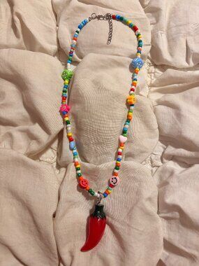 Free People Multi-Color Beaded Red Chili Pepper Pendant Statement Necklace